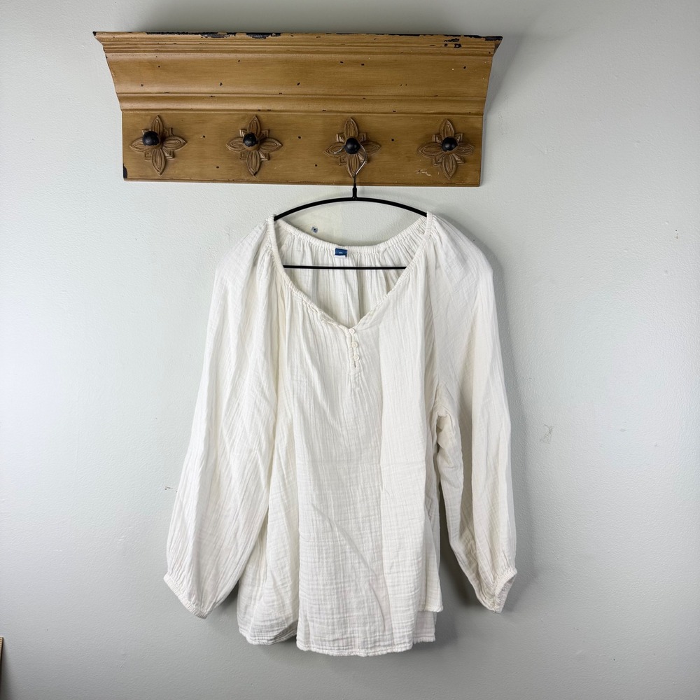 Old Navy Peasant Blouse White XXL Cotton Gauze Henley Top